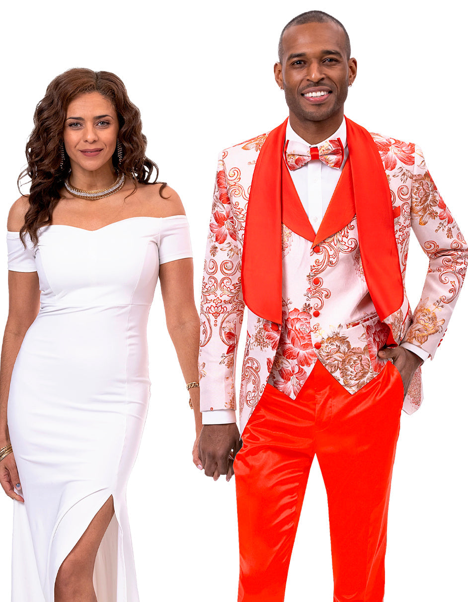 Mens Vested Paisley Prom & Wedding Tuxedo in Peach & Orange - Men's Tuxedo USA