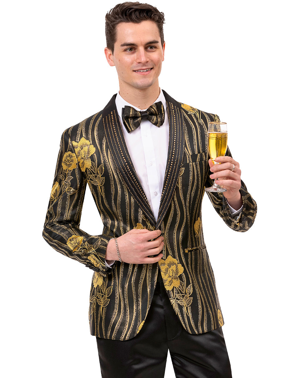 Mens Paisley Jeweled Shawl Prom Tuxedo Blazer in Black & Gold - Men's Tuxedo USA