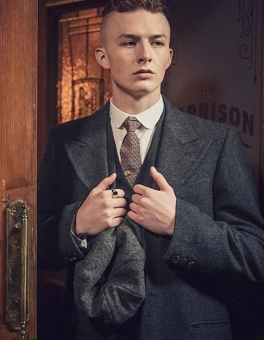 Mens Peaky Blinders Costume Finn Shelby Vested Charcoal Suit & Overcoat - Men's Tuxedo USA