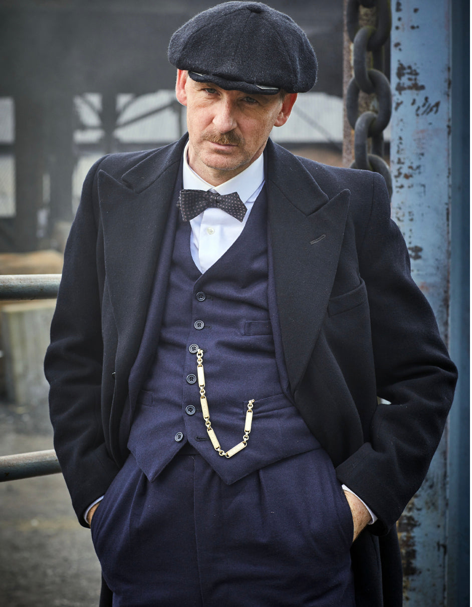 Mens Peaky Blinders Costume Arthur Shelby Vested Navy Suit with Black Overcoat & Hat - Men's Tuxedo USA