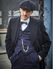 Mens Peaky Blinders Costume Arthur Shelby Vested Navy Suit with Black Overcoat & Hat - Men's Tuxedo USA