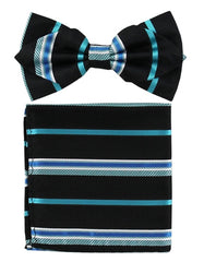 Black & Teal Stripe Bow Tie Set - Men's Tuxedo USA