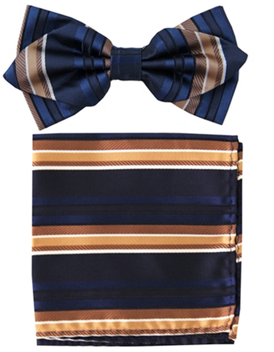 Navy & Brown Stripe Bow Tie Set - Men's Tuxedo USA