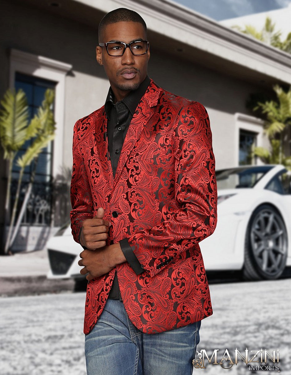 Mens 2 Button Black & Red Paisley Prom Blazer - Men's Tuxedo USA