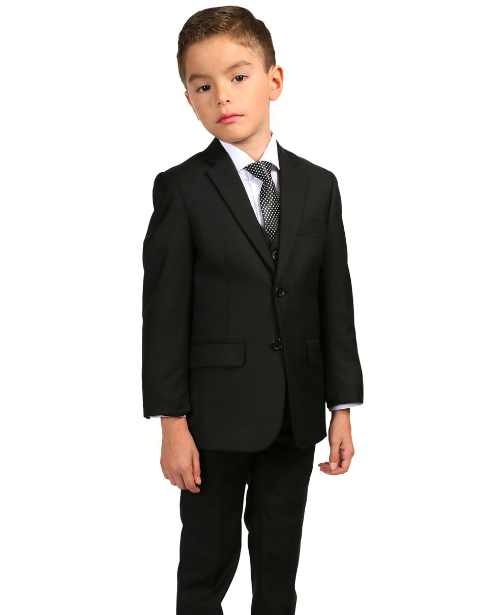 Boys Modern Fit 2 Button Vested Suit in Black - Men's Tuxedo USA