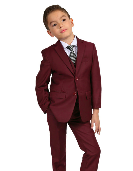 Boys Modern Fit 2 Button Vested Suit in Burgundy - Men's Tuxedo USA