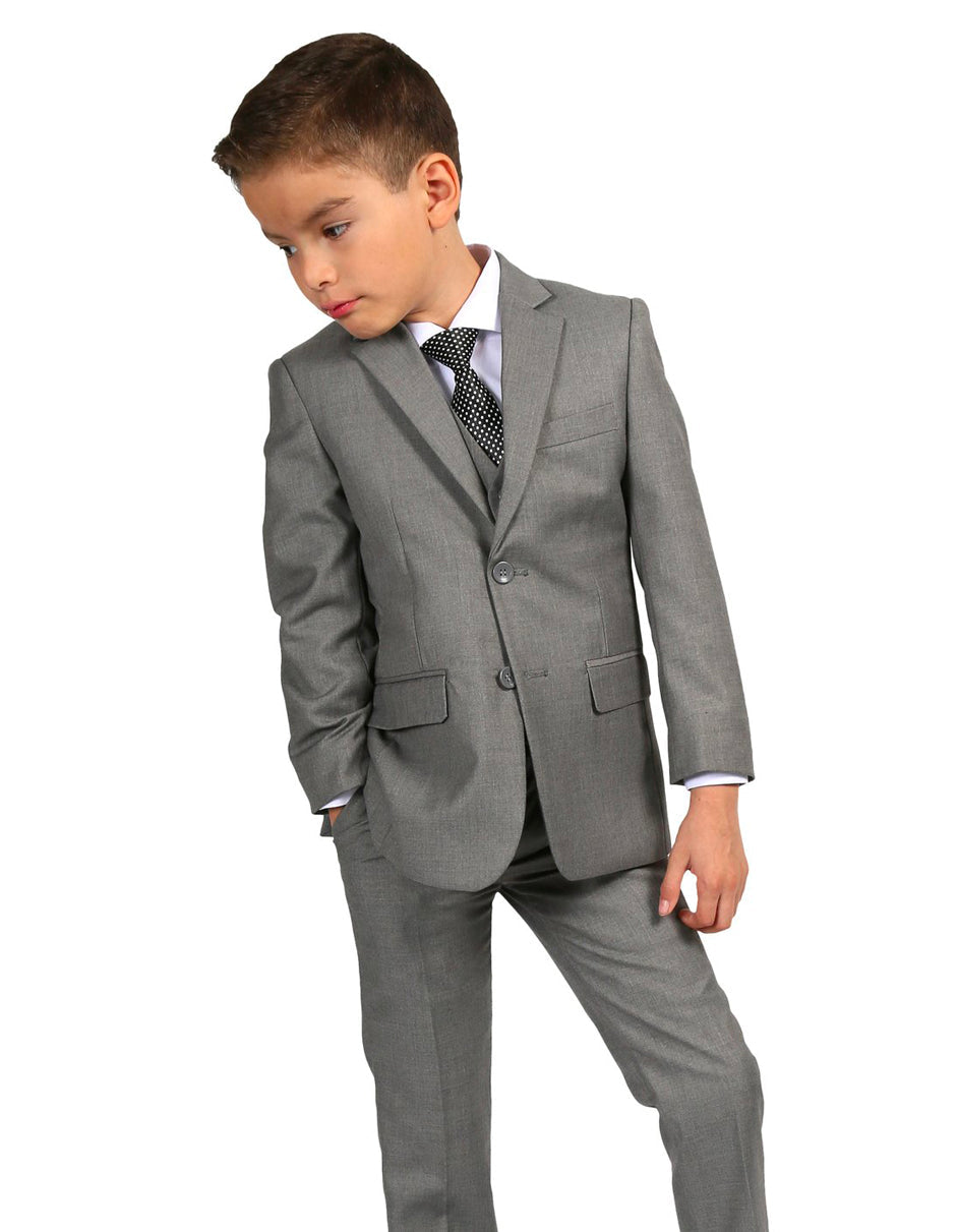 Boys Modern Fit 2 Button Vested Suit in Light Grey - Men's Tuxedo USA