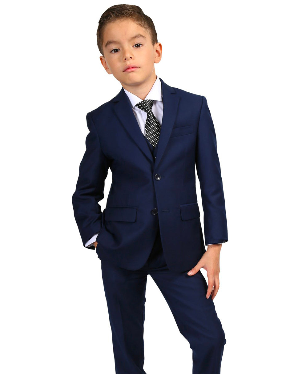 Boys Modern Fit 2 Button Vested Suit in Navy Blue - Men's Tuxedo USA