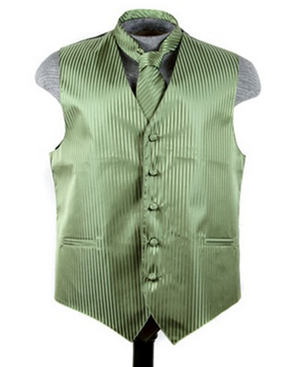 Olive Green Tonal Stripe Vest Set - Men's Tuxedo USA