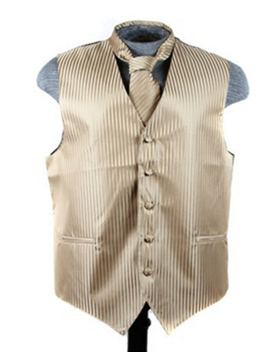 Beige Tonal Stripe Vest Set - Men's Tuxedo USA