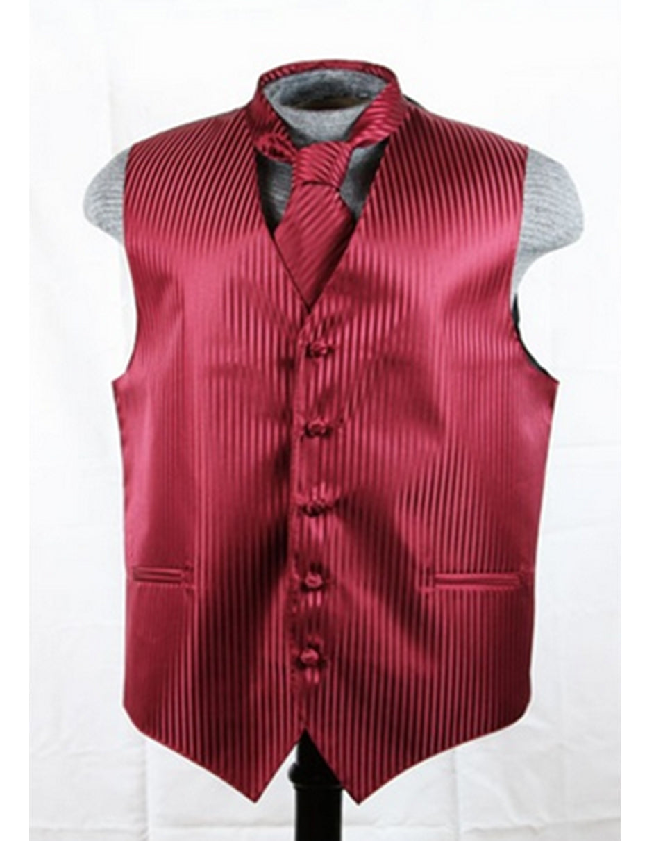 Burgundy Tonal Stripe Vest Set - Men's Tuxedo USA