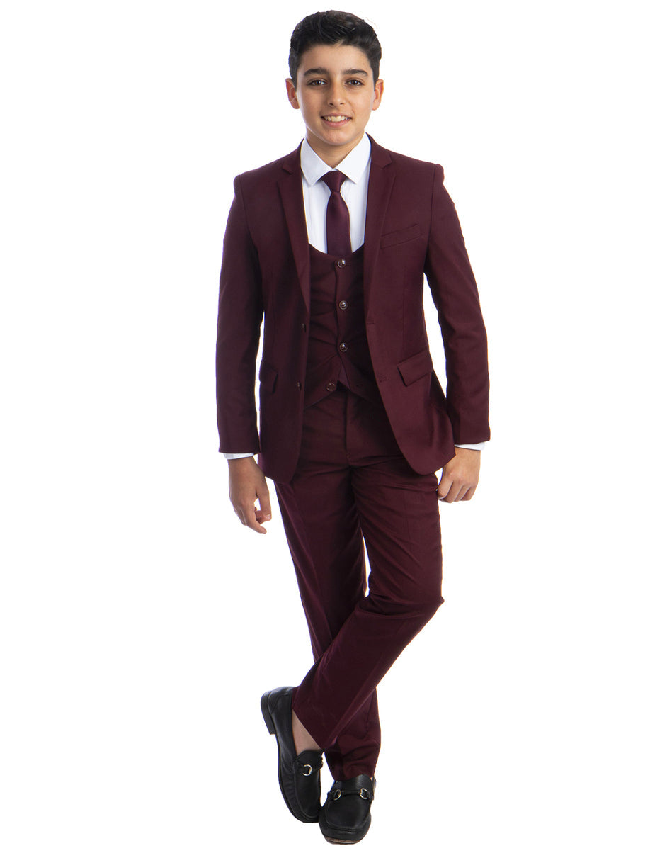 Boys Perry Ellis 2 Button Vested Wedding Suit in Burgundy - Men's Tuxedo USA