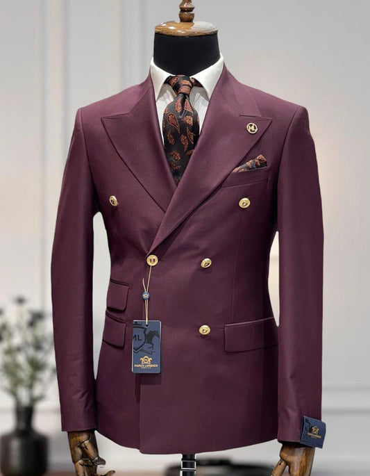 Mens Designer Modern Fit Double Breasted Wool Suit with Gold Buttons in Maroon - Men's Tuxedo USA