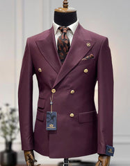 Mens Designer Modern Fit Double Breasted Wool Suit with Gold Buttons in Maroon - Men's Tuxedo USA