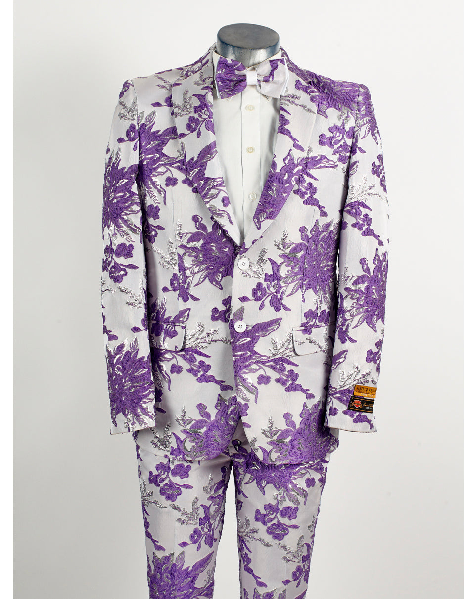 Mens 2 Button White & Lavender Purple Floral Paisley Prom and Wedding Tuxedo - Men's Tuxedo USA