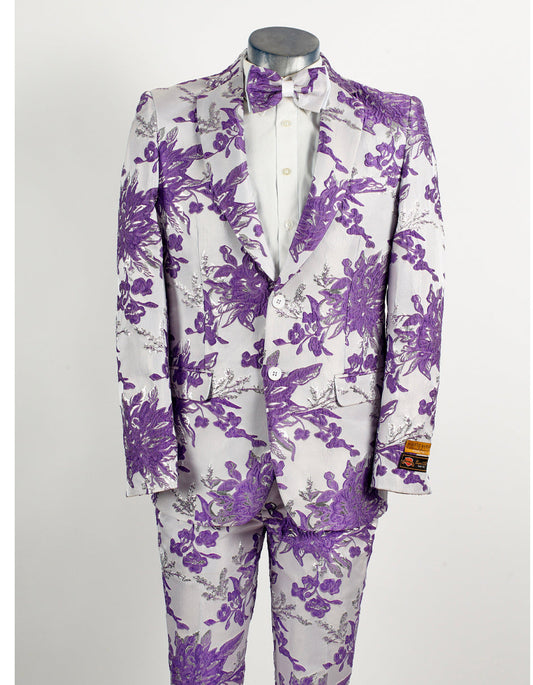 Mens 2 Button White & Lavender Purple Floral Paisley Prom and Wedding Tuxedo - Men's Tuxedo USA