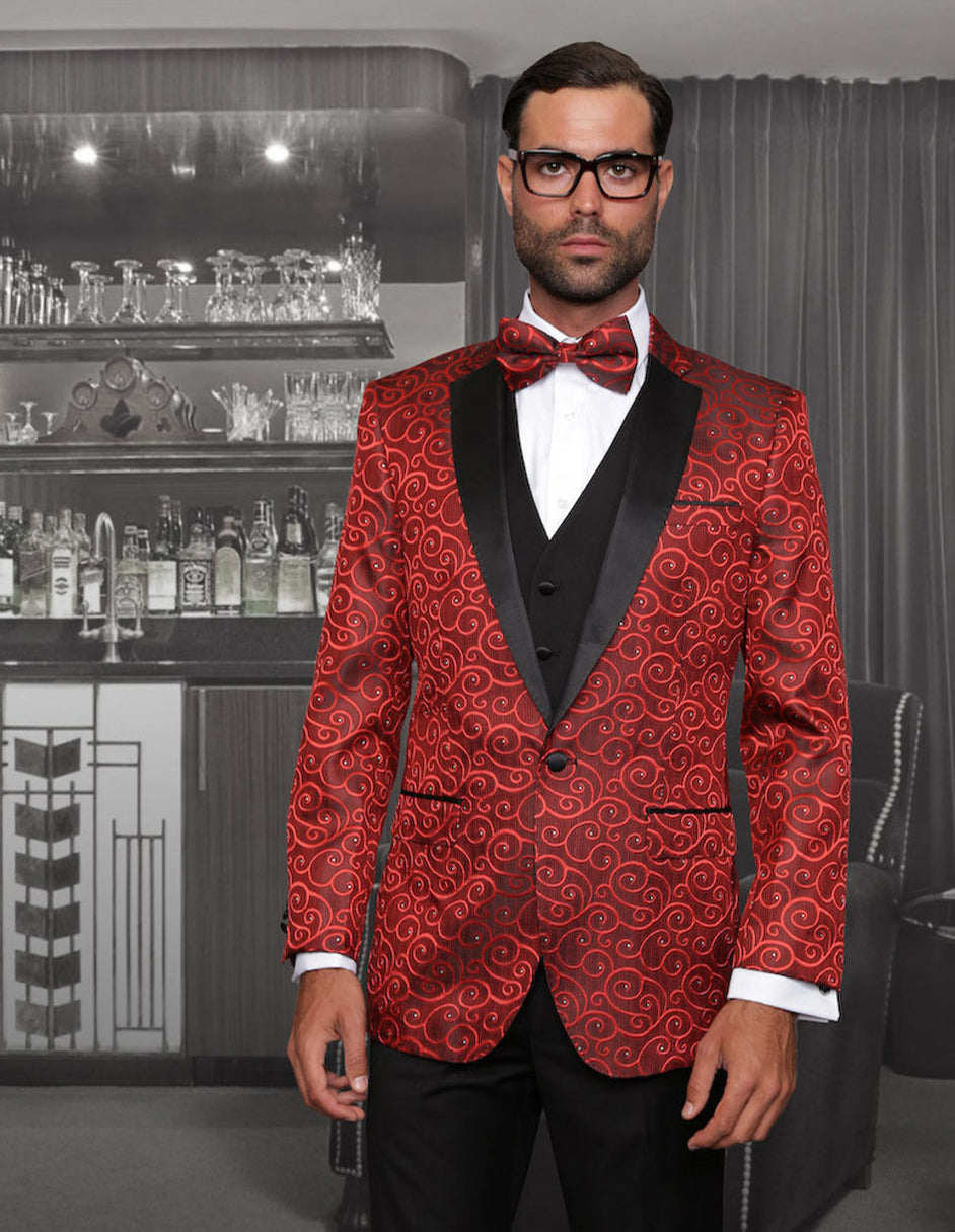 Mens Vested Swirl Patter Notch Lapel Tuxedo in Red - Men's Tuxedo USA