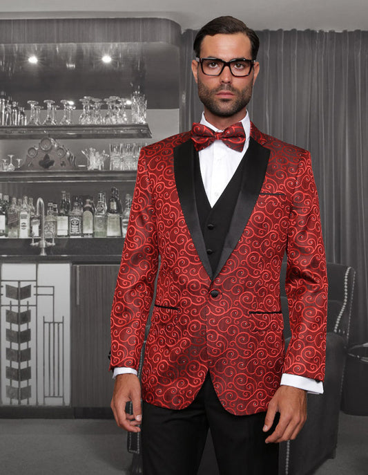 Mens Vested Swirl Patter Notch Lapel Tuxedo in Red - Men's Tuxedo USA