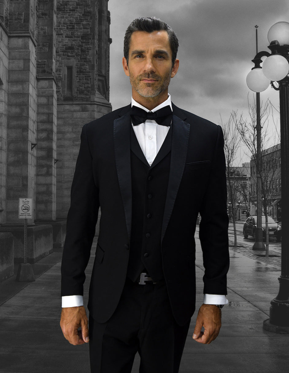 Mens Vested One Button Notch Lapel Wool Tuxedo in Black - Men's Tuxedo USA