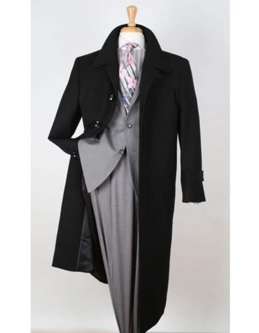 100% Wool Gabardine Black Wide Lapel Top Overcoat - Men's Tuxedo USA