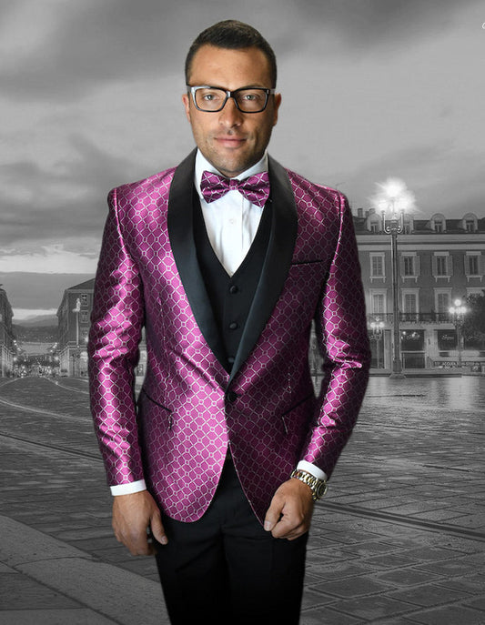 Mens Vested One Button Shawl Tuxedo in Geometric Chain Print in Fuschia - Men's Tuxedo USA