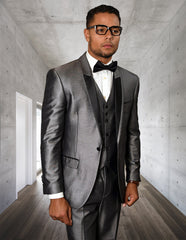 Mens 2 Button Vested Half Shawl Tuxedo in Silver Sharkskin - Men's Tuxedo USA