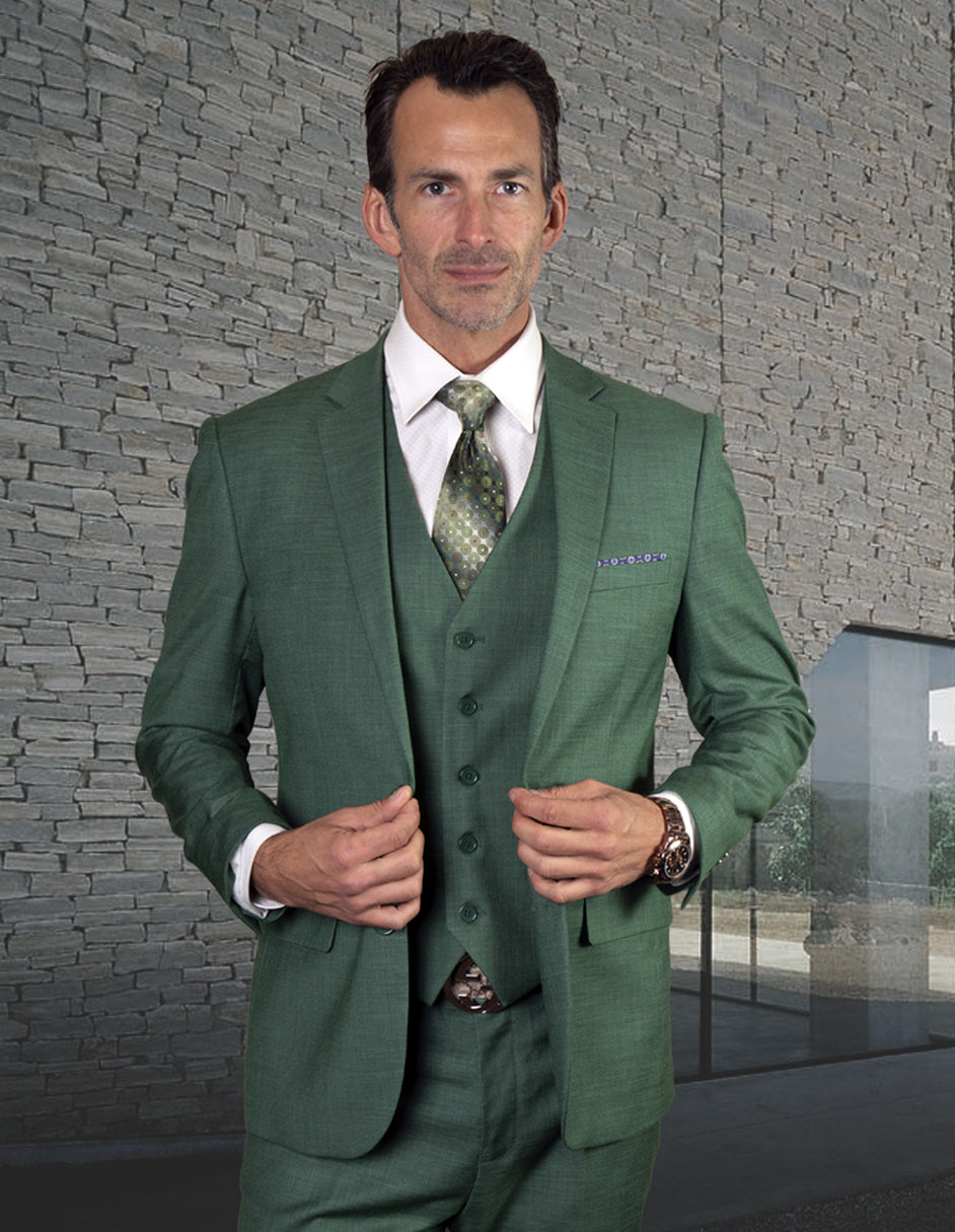 Mens 2 Button Slim Fit Vested Wool Suit in Forest Green - Men's Tuxedo USA