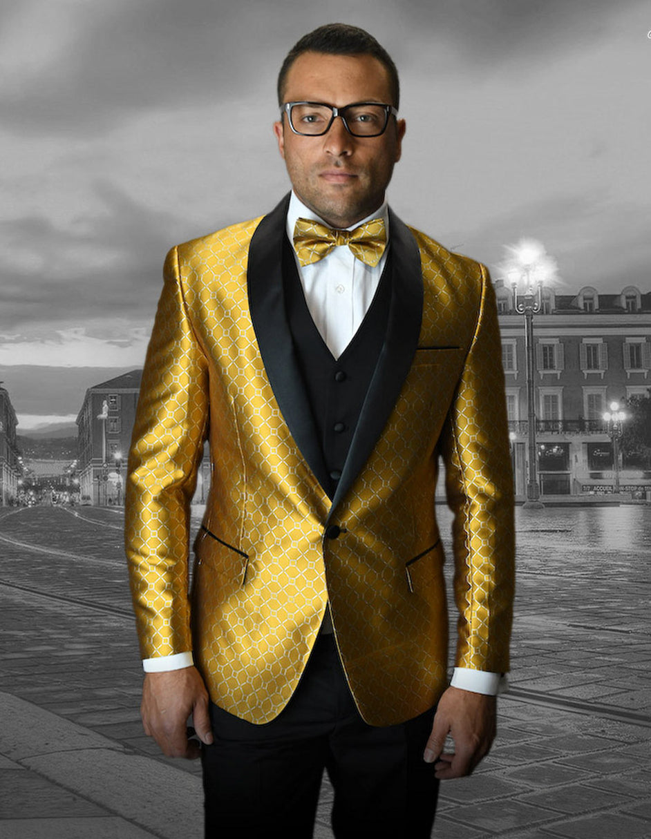 Mens Vested One Button Shawl Tuxedo in Geometric Chain Print in Gold - Men's Tuxedo USA