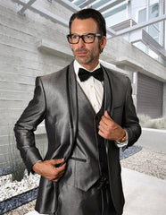 Mens Satin Trim Shawl Lapel Tuxedo in Silver Sharkskin - Men's Tuxedo USA