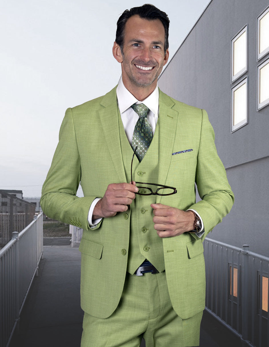 Mens 2 Button Slim Fit Vested Wool Suit in Pistachio Light Green - Men's Tuxedo USA