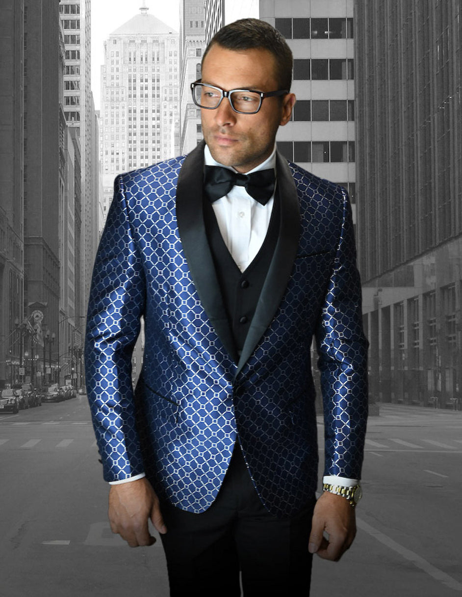 Mens Vested One Button Shawl Tuxedo in Geometric Chain Print in Navy - Men's Tuxedo USA