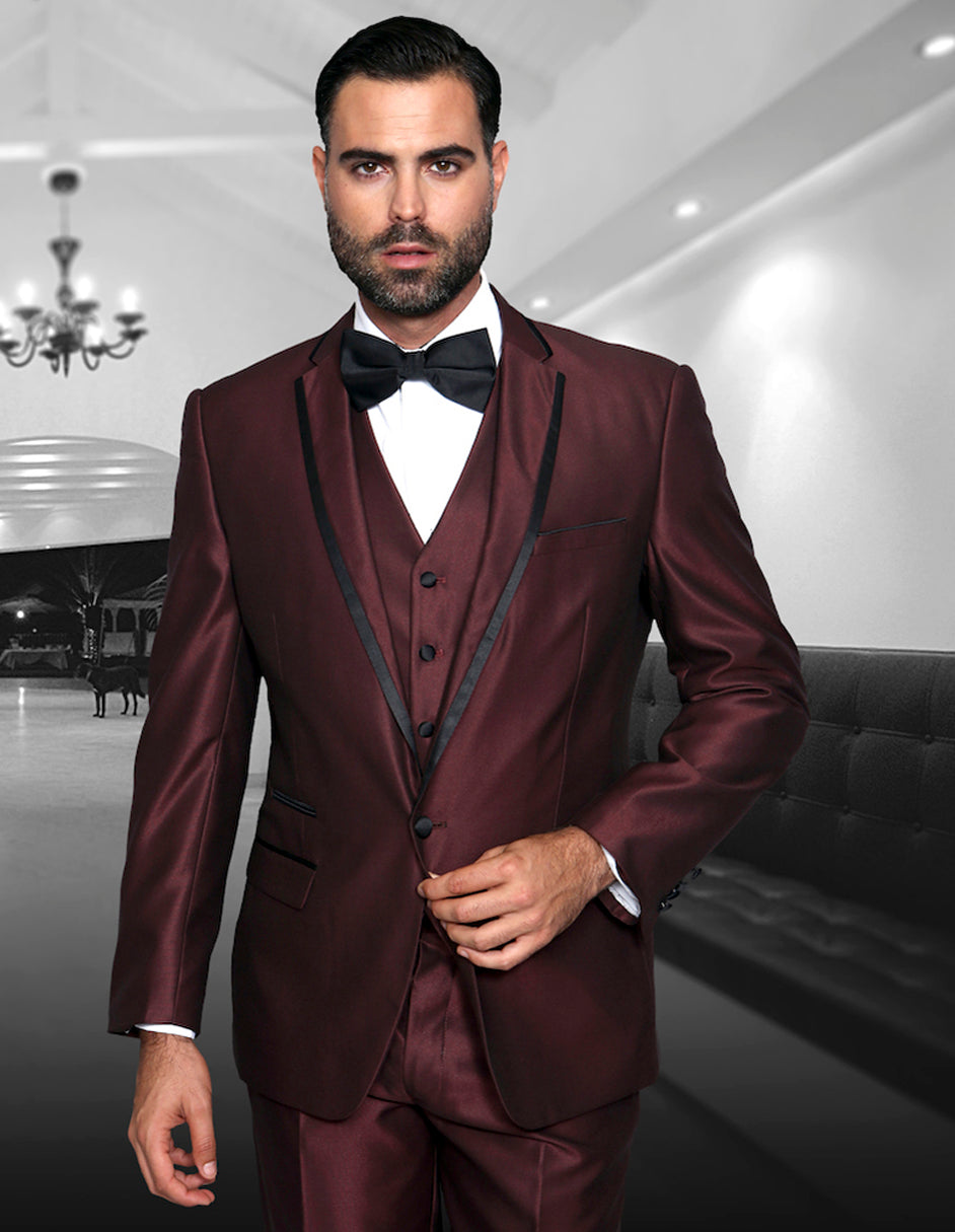 Mens One Button Satin Trim Notch Prom Tuxedo in Shiny Burgundy Sharkskin - Men's Tuxedo USA