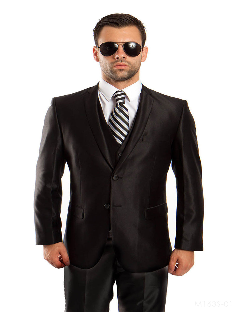 Mens Tazio Vested Slim Fit Shiny Sharkskin Suit in Black - Men's Tuxedo USA