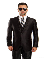 Mens Tazio Vested Slim Fit Shiny Sharkskin Suit in Black - Men's Tuxedo USA