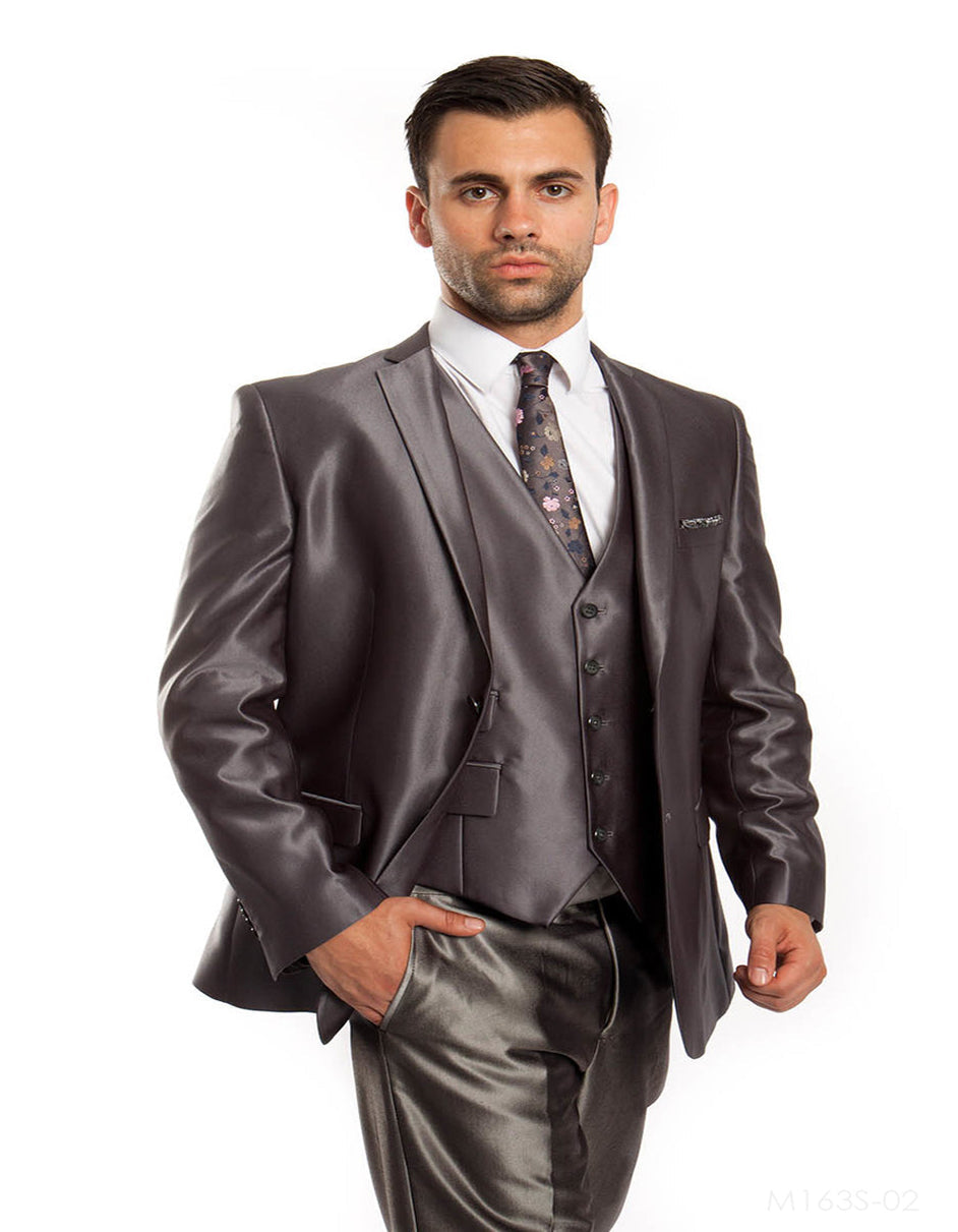 Mens Tazio Vested Slim Fit Shiny Sharkskin Suit in Charcoal - Men's Tuxedo USA