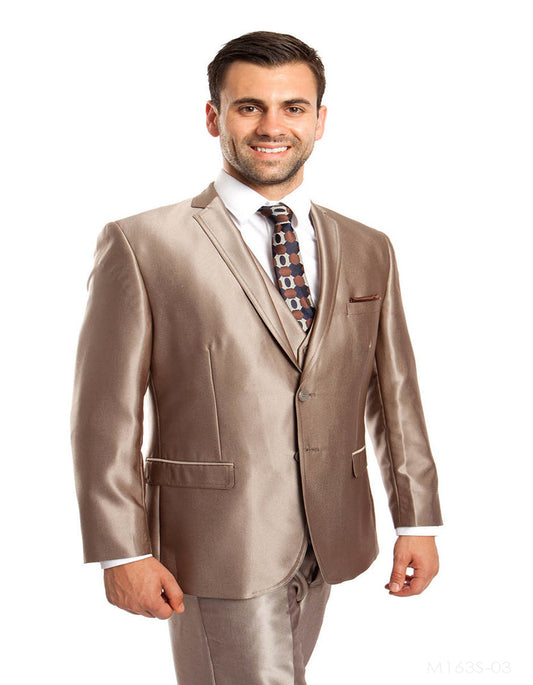 Mens Tazio Vested Slim Fit Shiny Sharkskin Suit in Champagne - Men's Tuxedo USA