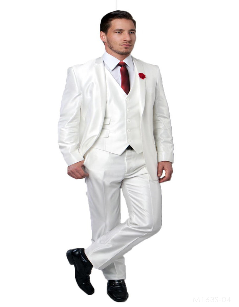 Mens Tazio Vested Slim Fit Shiny Sharkskin Suit in White - Men's Tuxedo USA