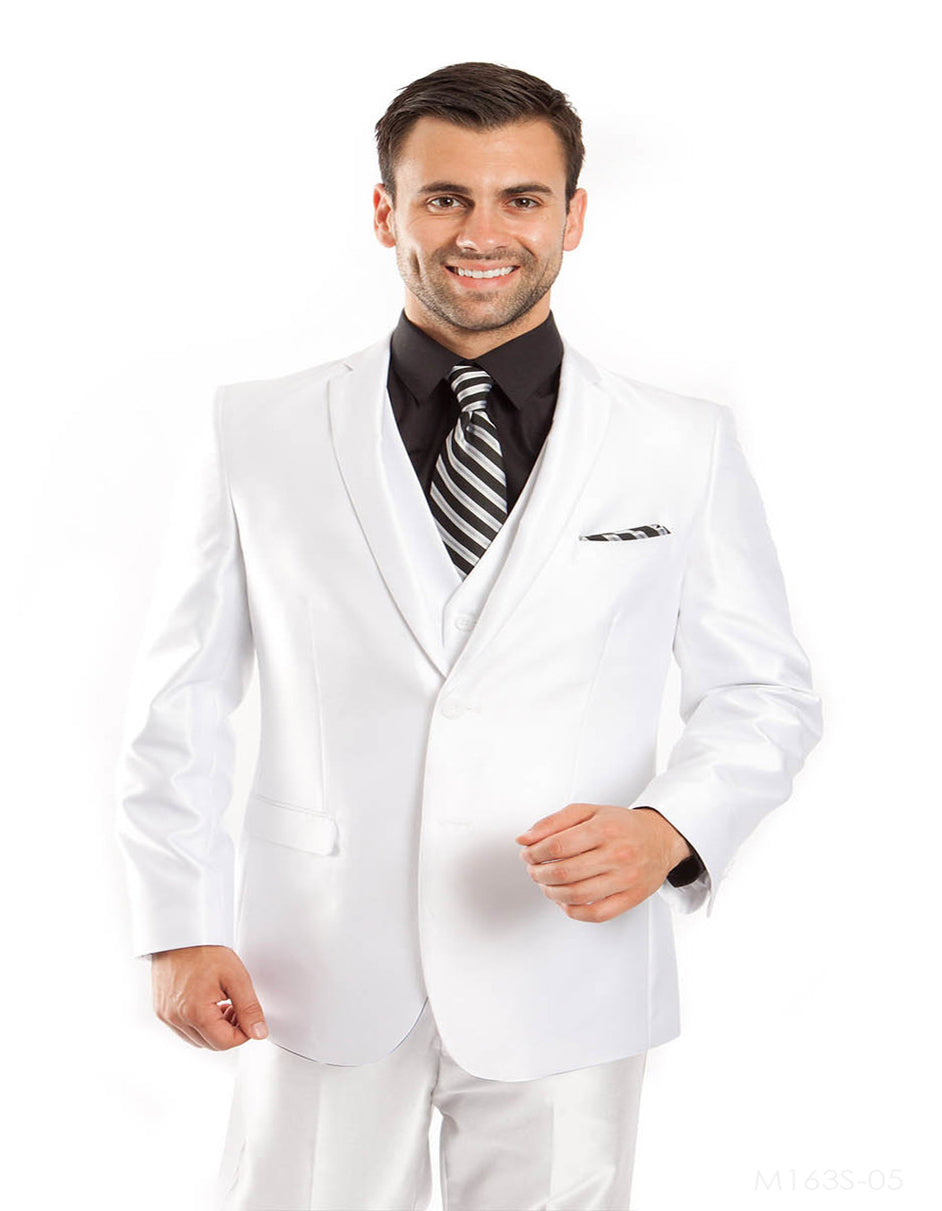 Mens Tazio Vested Slim Fit Shiny Sharkskin Suit in Solid White - Men's Tuxedo USA