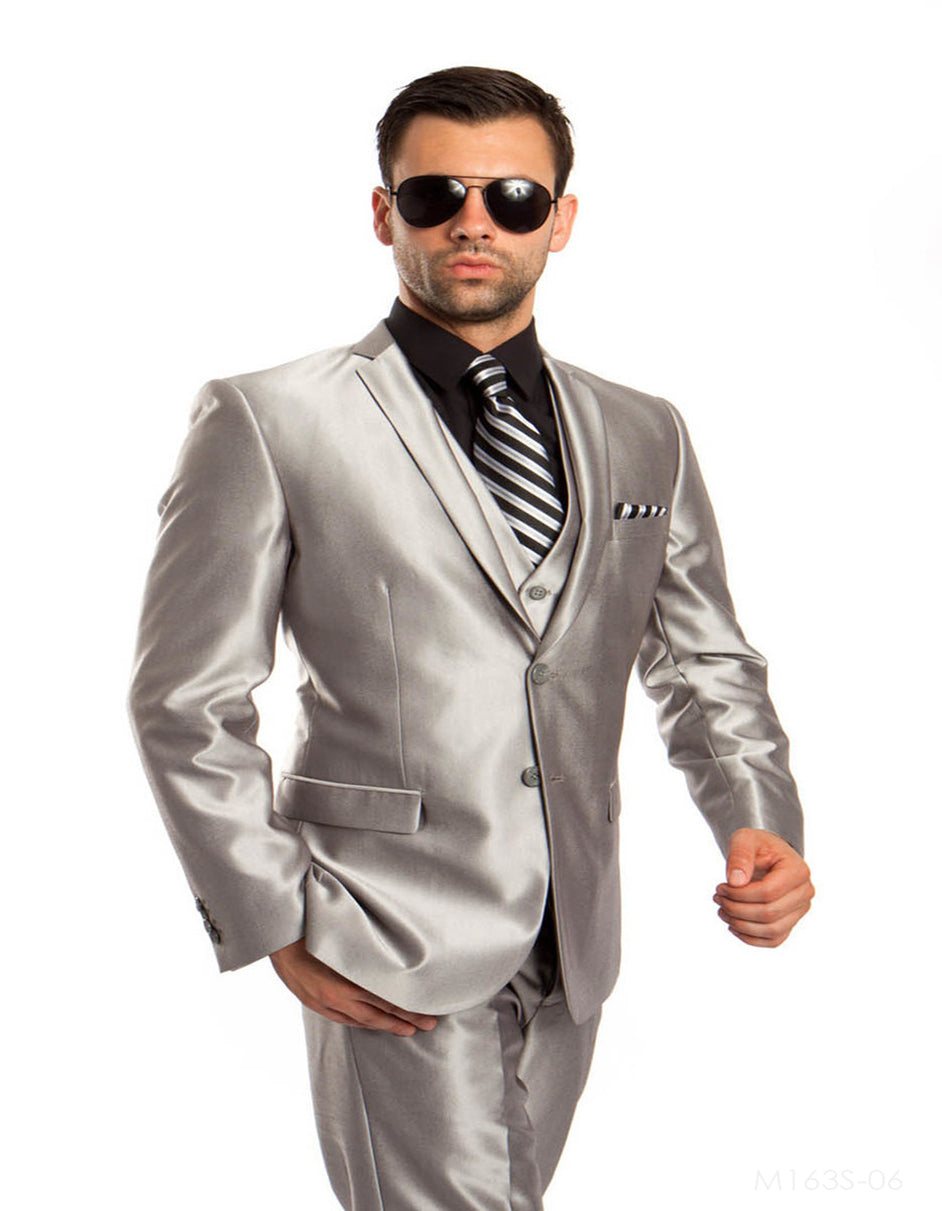 Mens Tazio Vested Slim Fit Shiny Sharkskin Suit in Silver - Men's Tuxedo USA