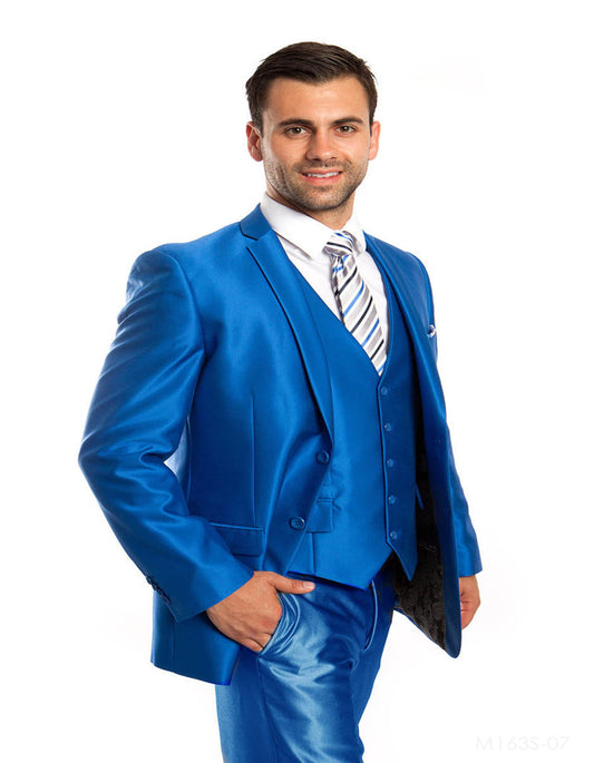 Mens Slim Fitted 2 Button Vested Shiny Sharkskin Suit in Royal Blue - Men's Tuxedo USA