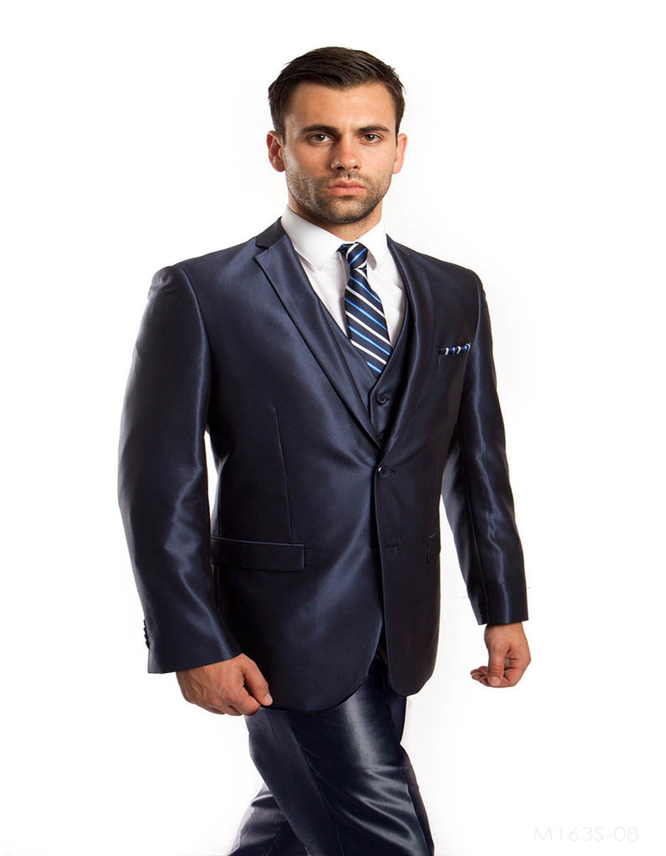 Mens Tazio Vested Slim Fit Shiny Sharkskin Suit in Navy - Men's Tuxedo USA