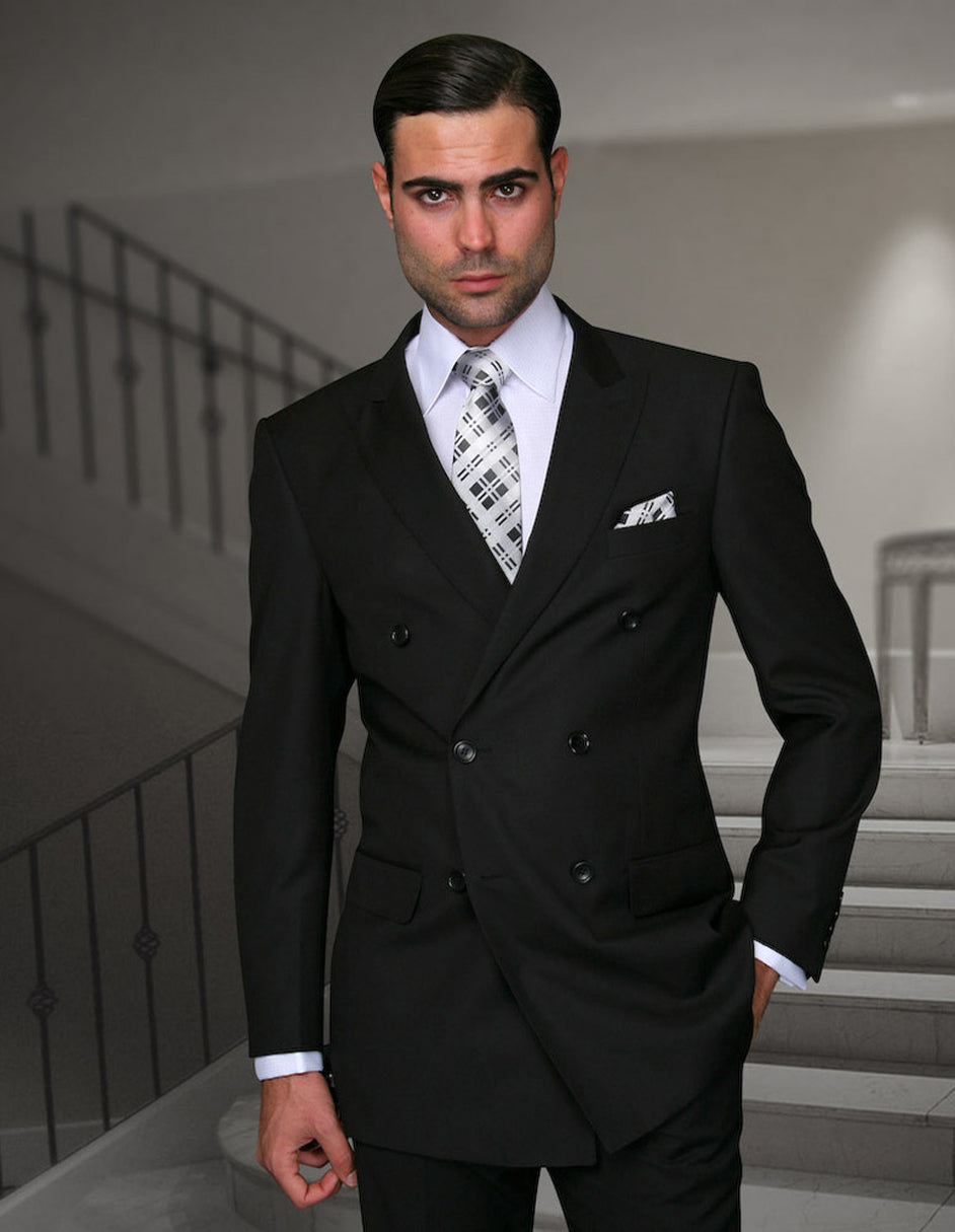 Mens Classic Wool Double Breasted Suit in Black - Men's Tuxedo USA