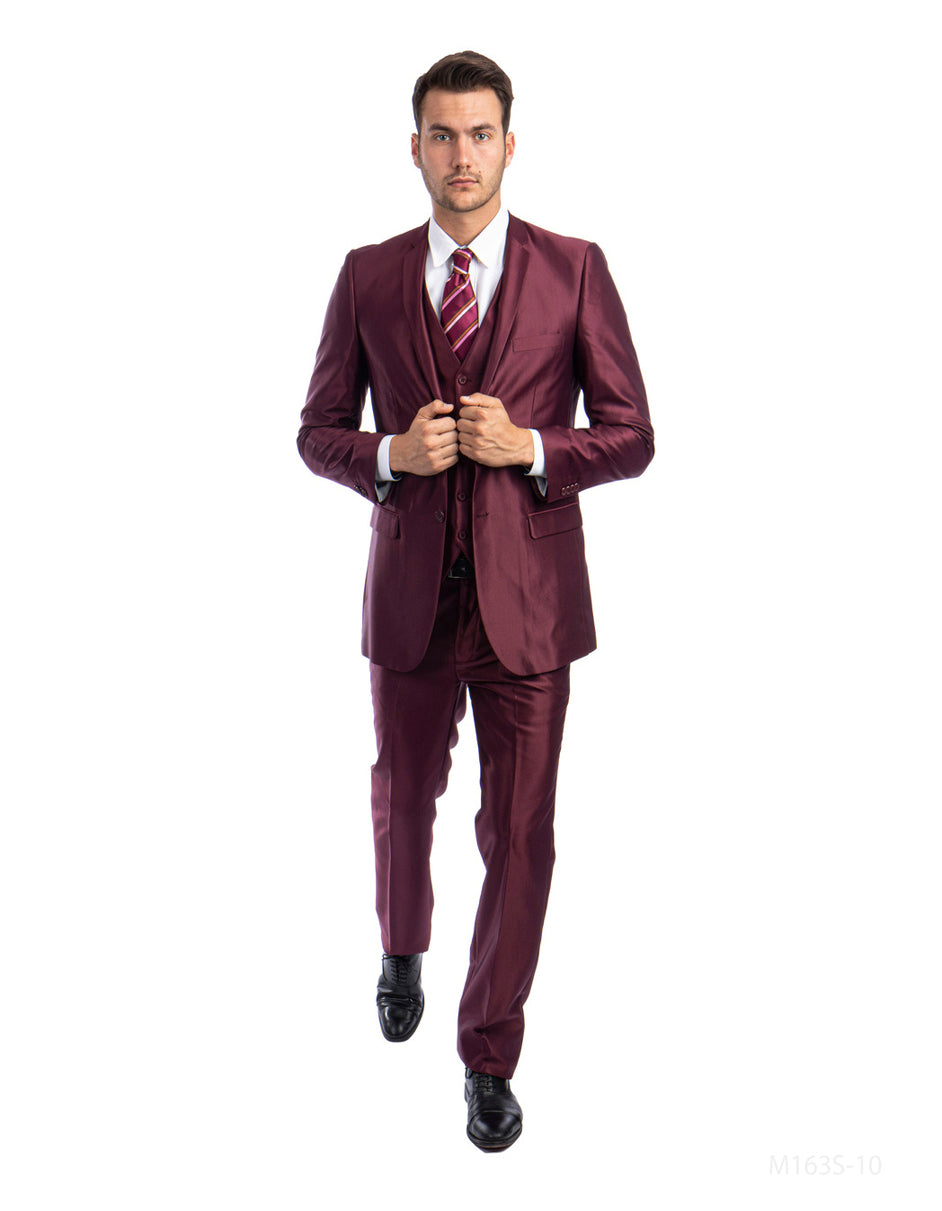 Mens Tazio Vested Slim Fit Shiny Sharkskin Suit in Burgundy - Men's Tuxedo USA