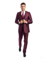 Mens Tazio Vested Slim Fit Shiny Sharkskin Suit in Burgundy - Men's Tuxedo USA