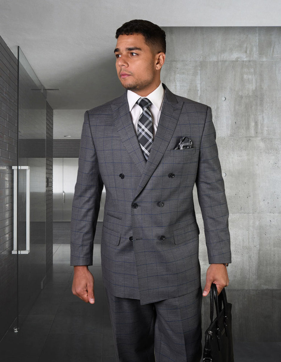 Mens Double Breasted Wool Suit in Charcoal Grey Windowpane - Men's Tuxedo USA