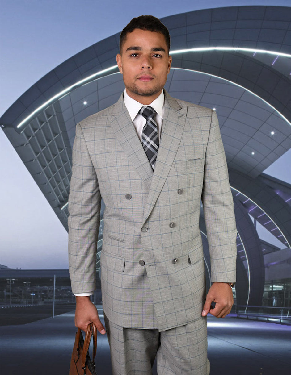 Mens Double Breasted Wool Suit in Grey Windowpane - Men's Tuxedo USA