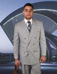 Mens Double Breasted Wool Suit in Grey Windowpane - Men's Tuxedo USA