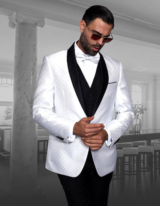 Mens Vested One Button Shawl Tuxedo in Geometric Chain Print in White - Men's Tuxedo USA