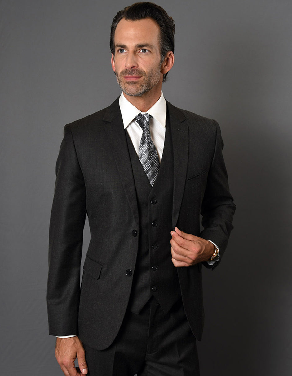 Mens 2 Button Slim Fit Vested Suit in Black Textured Fabric - Men's Tuxedo USA