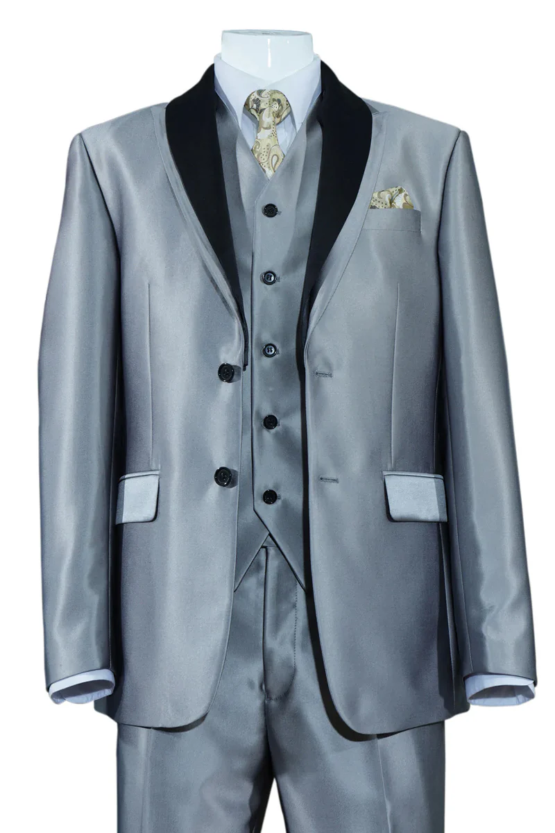 Mens Gray Tuxedo - Grey Wedding Suit-Mens 2 Button Vested Slim Fit Shiny Sharkskin In Silver Grey - Men's Tuxedo USA